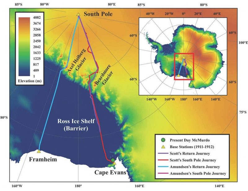 A map showing the routes taken by Amundsen and Scott on their respective journeys. (Image: Ryan Fogt/American Meteorological Society/BAMS)